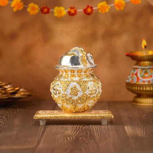 Kuber Coin Kalash- Gold And Silver Plated | Prosperity & Good Fortune | 5 inch