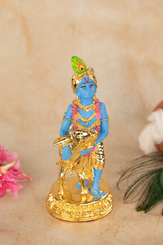 Krishna with Cow | 24K Gold & Silver-Plated Krishna Idol | 6.5 Inches