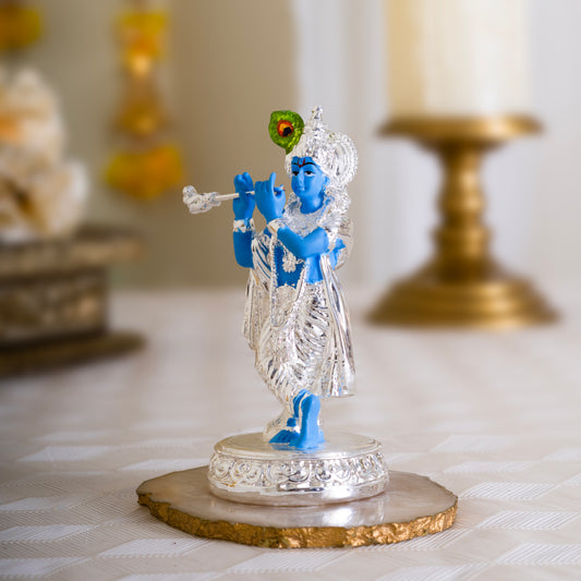 Pure Silver Plated Krishna Murti Playing Basuri