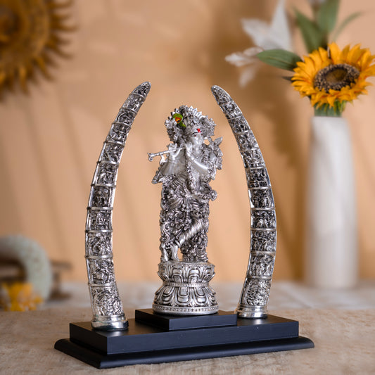 Premium Krishna Idol-Pure Silver Plated with Antique Ambri Finish | 12 Inches