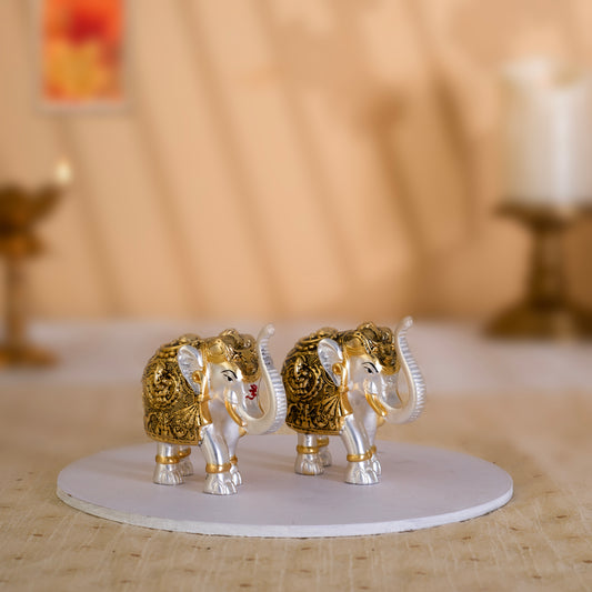 Vastu Elephant Trunk Up with Laxmi Ganesh Idol Pair | 24K Gold & Silver Matt-Plated