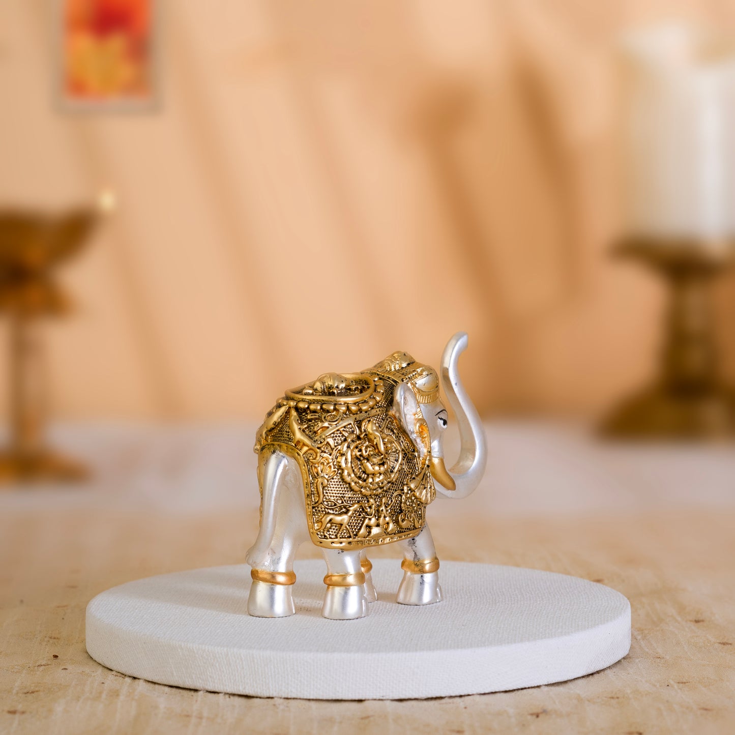 Vastu Elephant Trunk Up with Laxmi Ganesh Idol Pair | 24K Gold & Silver Matt-Plated