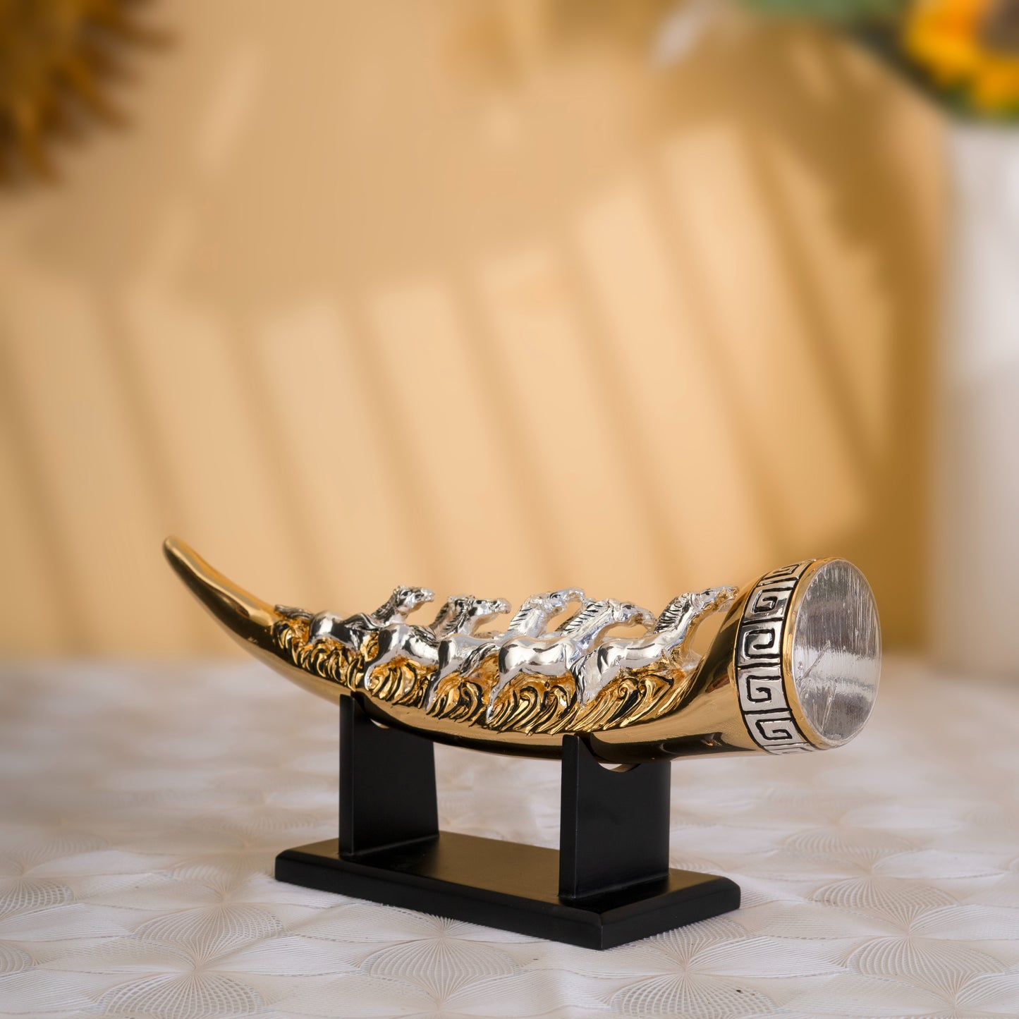 Eight Running Horses Carved in Tusk | Feng Shui Table Decor Accent| 24K Gold & Pure Silver Plated