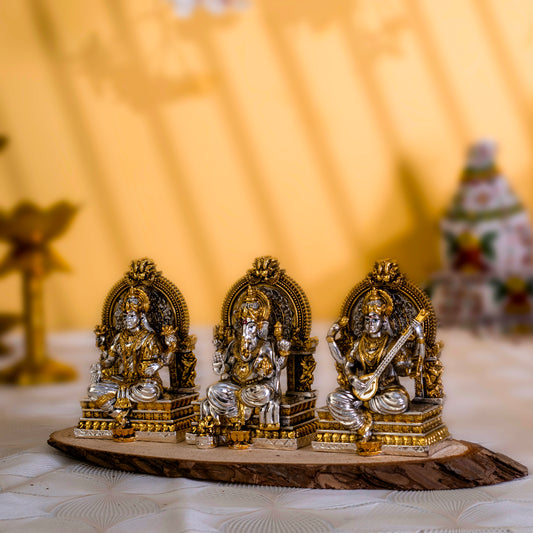 Laxmi Ganpati Saraswati Murti Set | Gold & Silver-Plated Idols of Prosperity, Wisdom & Knowledge | 3.75 Inches