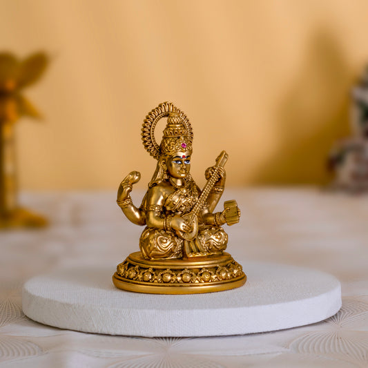 Goddess Saraswati Maa Idol in 24K Gold Finish - Blessings of Knowledge |3.5 inches