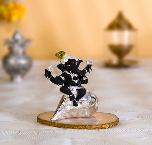 Divine Black Ganesh on Silver Conch – Pure Silver Plated |3.5 inch