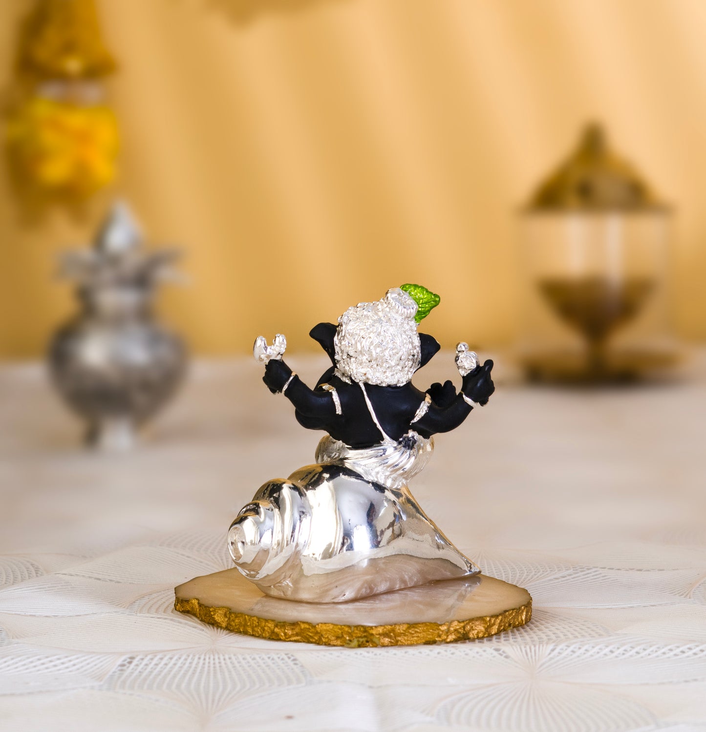 Divine Black Ganesh on Silver Conch – Pure Silver Plated |3.5 inch