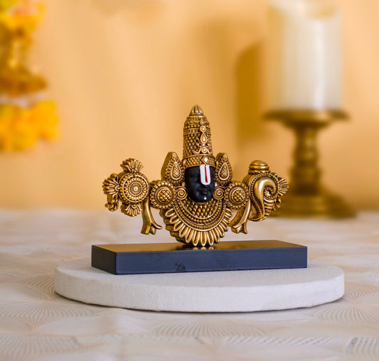 Tirupati Balaji Face Idol | 24k Gold Plated with Wooden Base | 4.5 inch