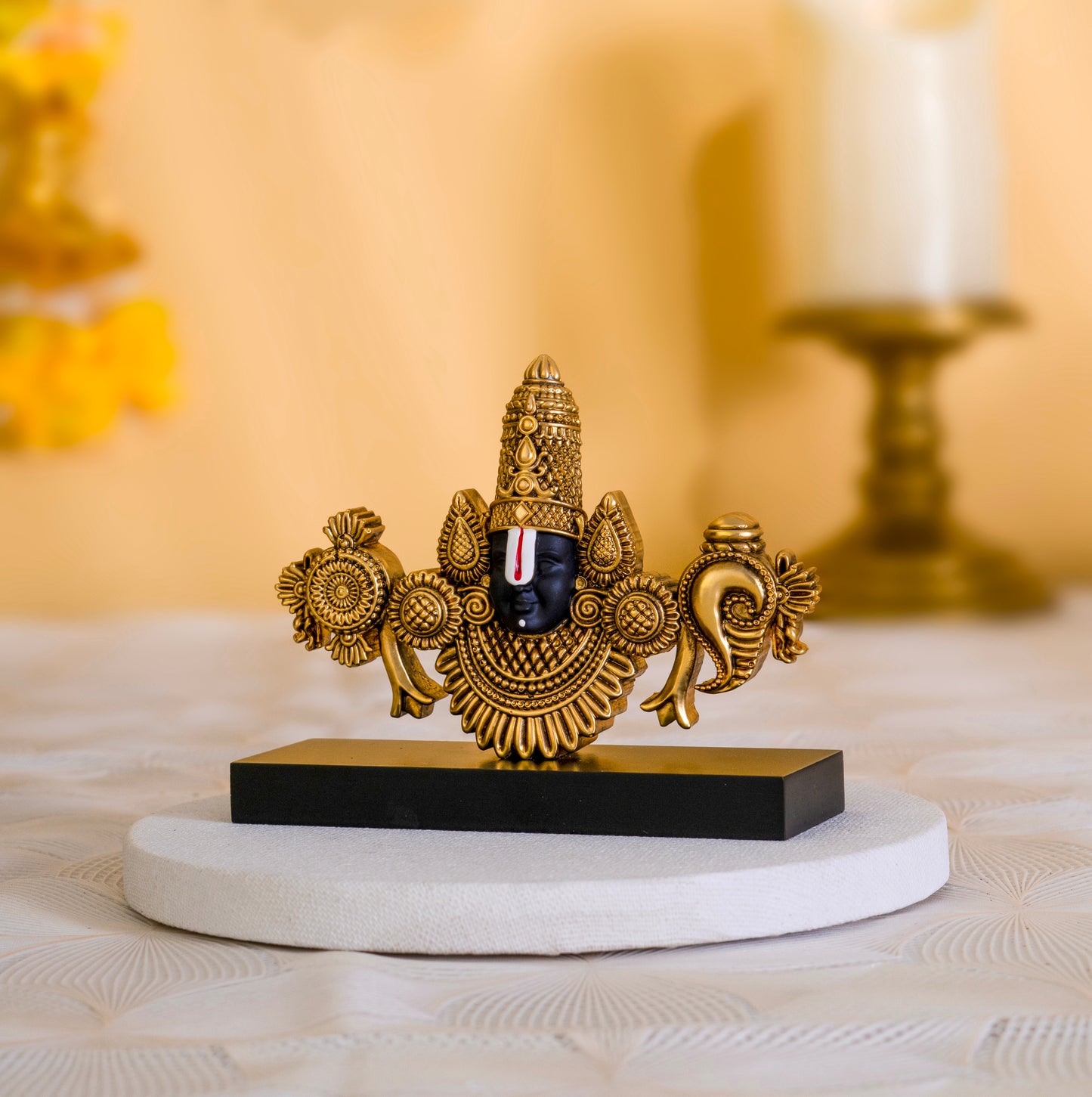 Tirupati Balaji Face Idol | 24k Gold Plated with Wooden Base | 4.5 inch