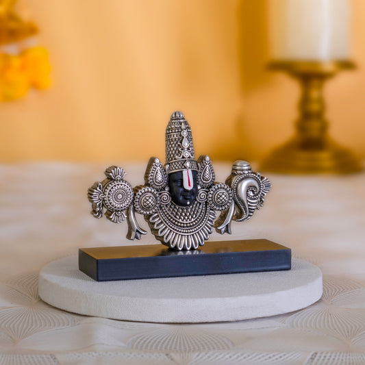 Tirupati Balaji Face Idol | Pure Silver Plated with Wooden Base | 4.5 inch