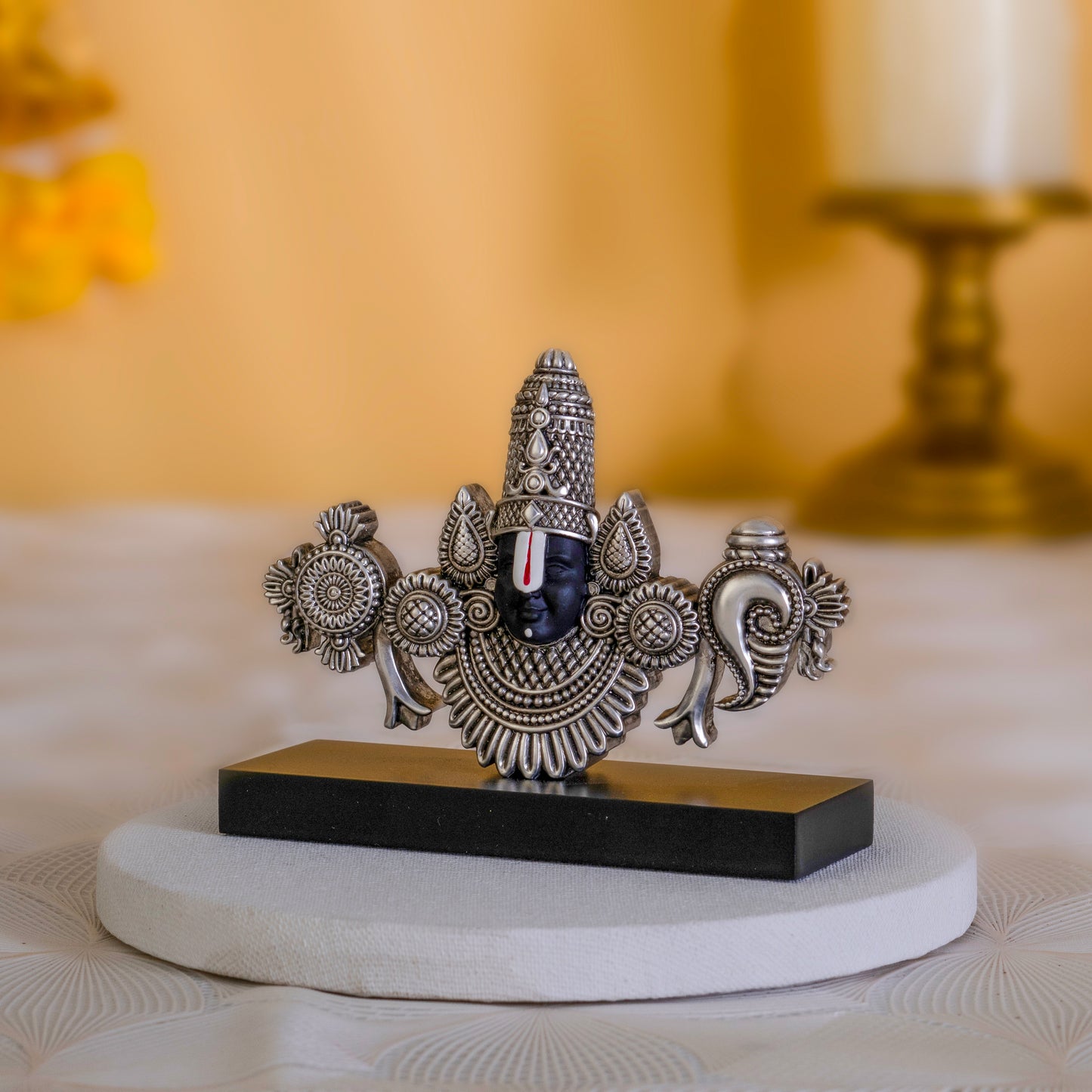 Tirupati Balaji Face Idol | Pure Silver Plated with Wooden Base | 4.5 inch