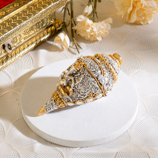 Divine Ganesh Shankh (Conch) 999 Silver Plated & 24k Gold Plated | Best for Pooja, Gifting & Decor Showpiece