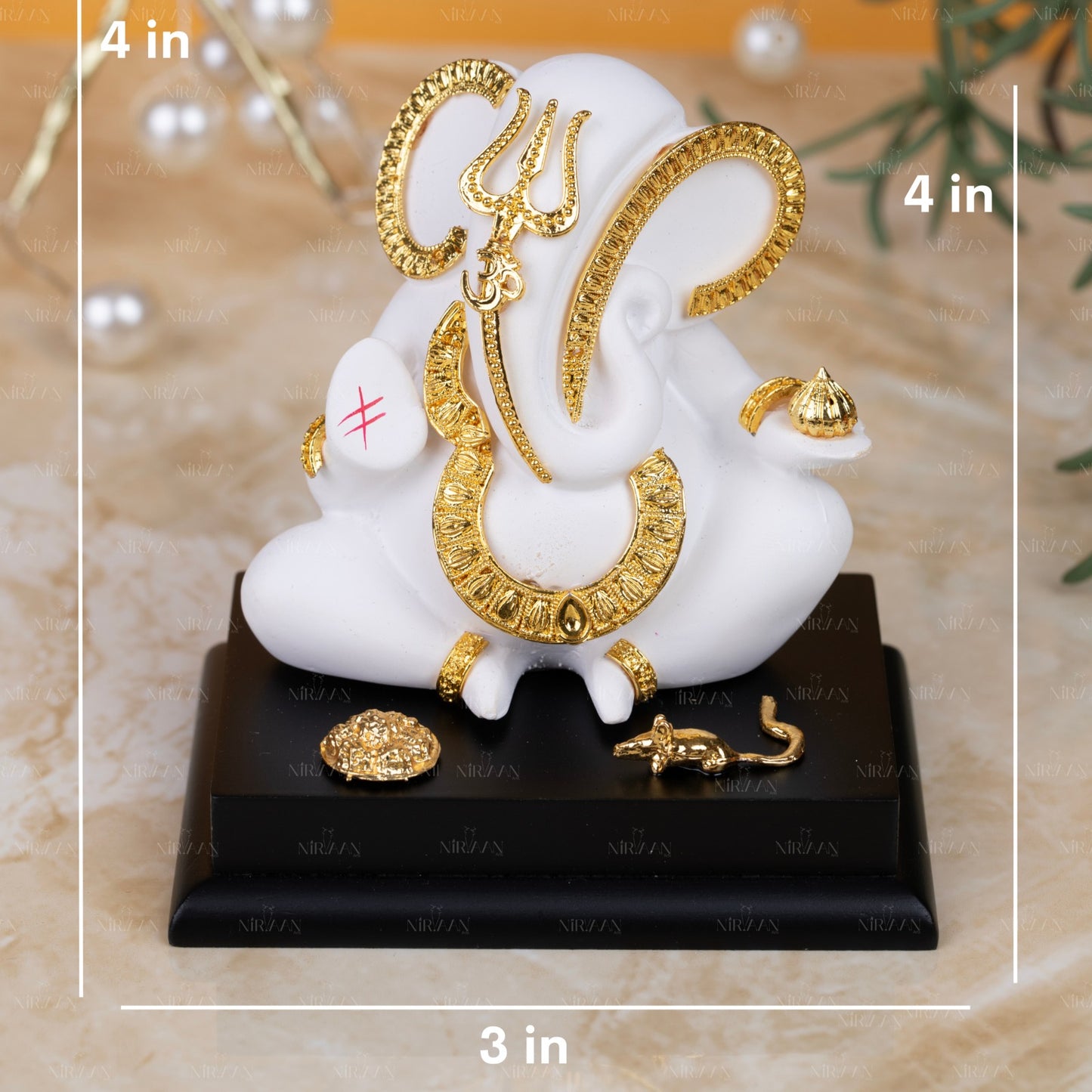 Lord Ganesha Idol | White Gold Finish with Gold Detailing | Decorative Idol for Gifting | 4 Inches