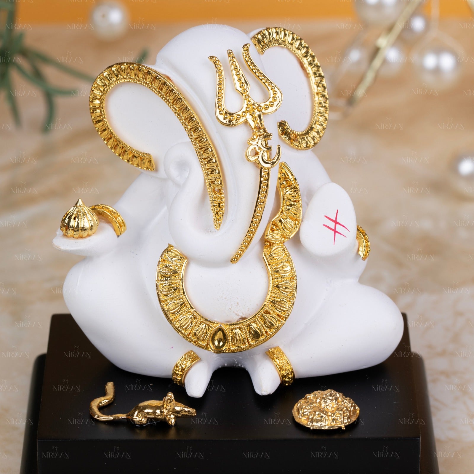 Lord Ganesha Idol | White Gold Finish with Gold Detailing | Decorative Idol for Gifting | 4 Inches