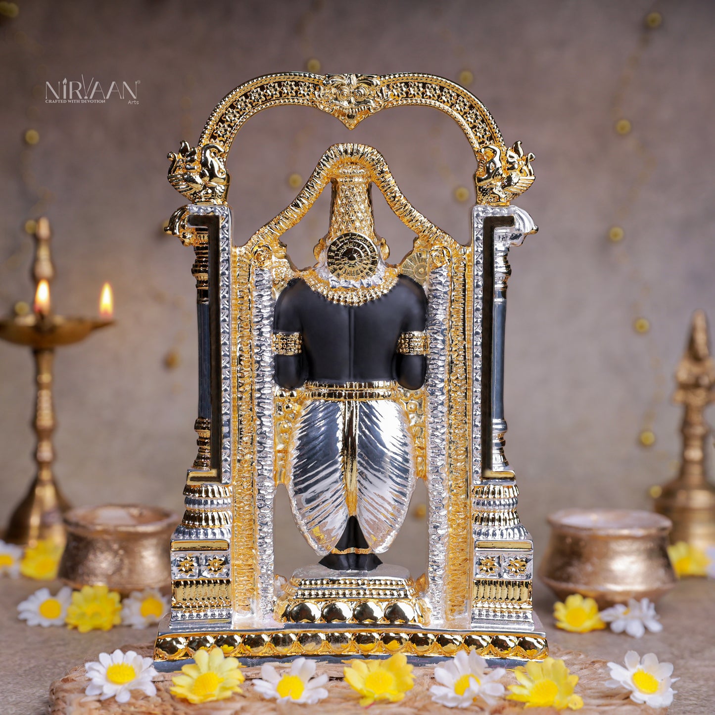 Tirupati Balaji with Arch | Gold & Silver-Plated Sacred Idol | 8.5 Inches