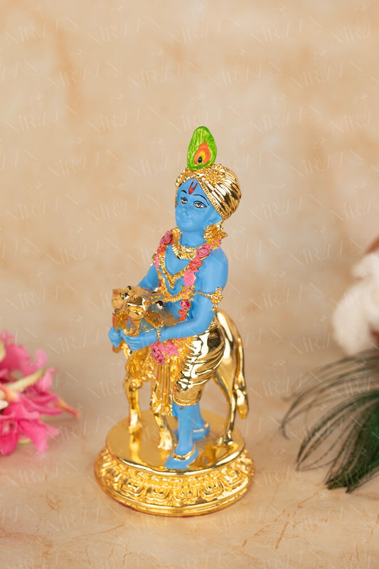 Krishna with Cow | 24K Gold & Silver-Plated Krishna Idol | 6.5 Inches