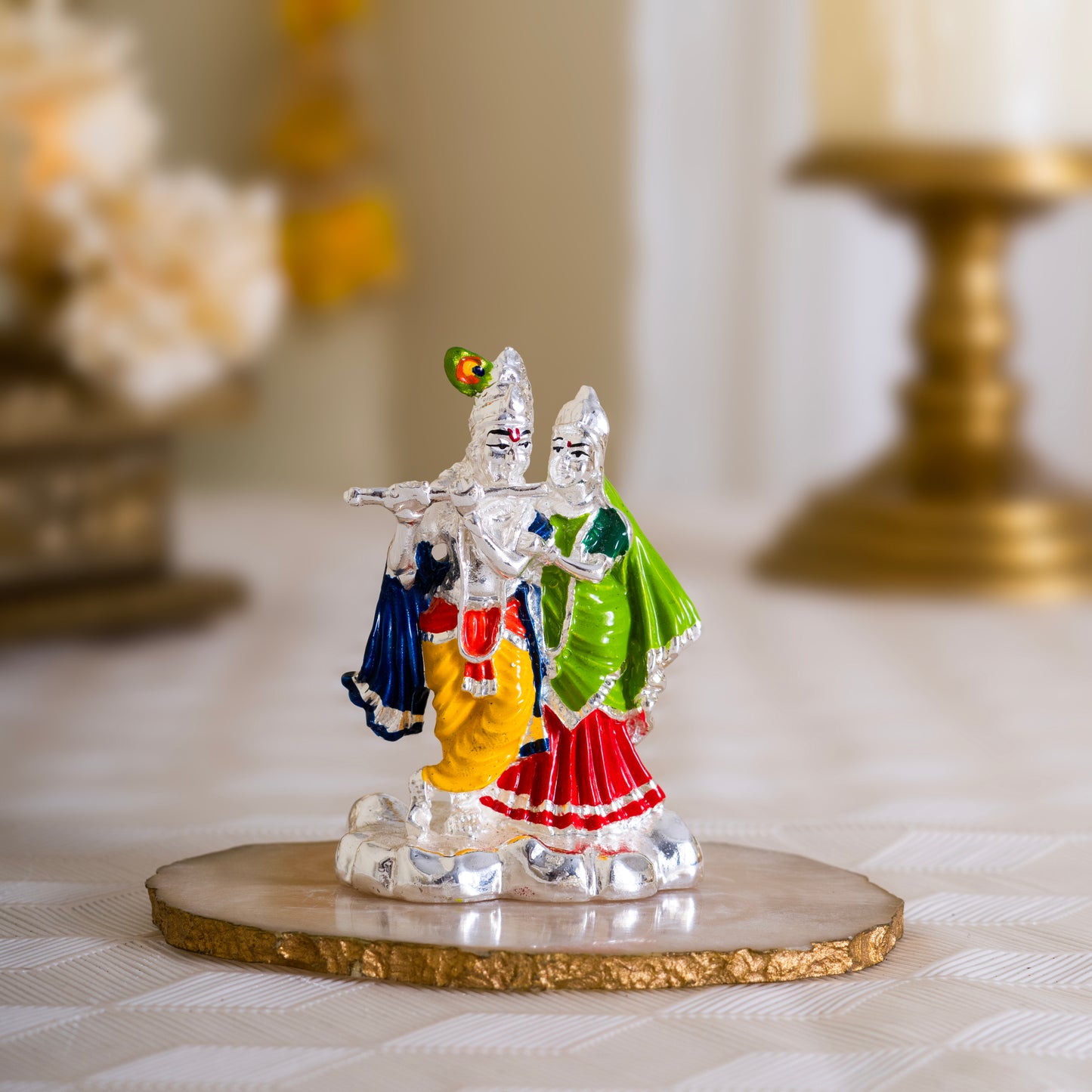 Sacred Love Radha Krishna Idol with Bansuri-Pure Silver Plated | 3 inch
