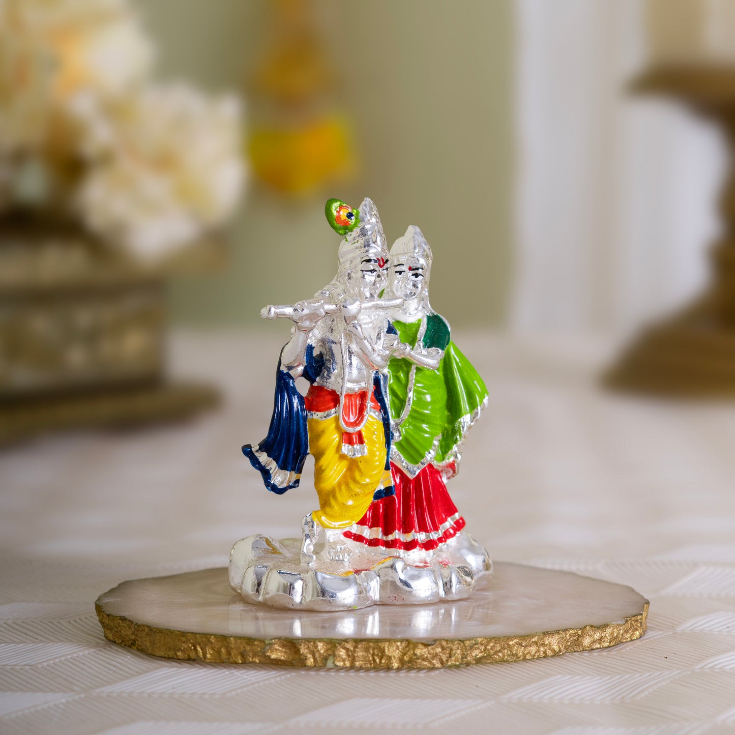 Sacred Love Radha Krishna Idol with Bansuri-Pure Silver Plated | 3 inch