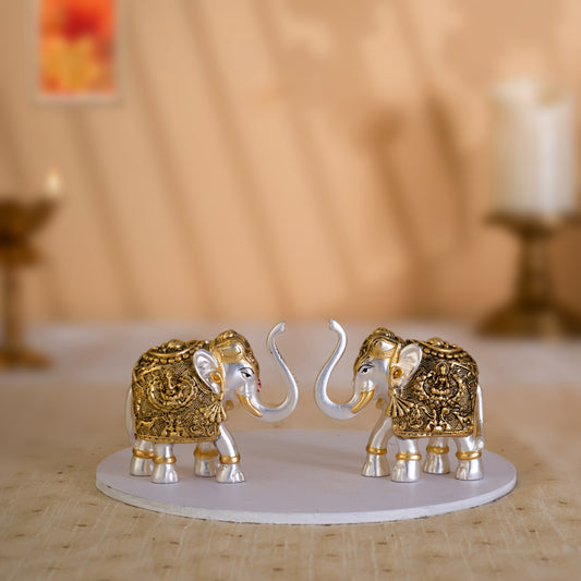 Vastu Elephant Trunk Up with Laxmi Ganesh Idol Pair | 24K Gold & Silver Matt-Plated