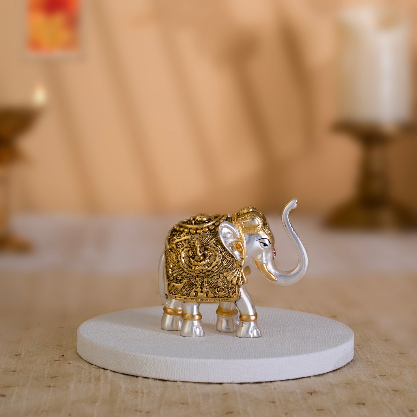 Vastu Elephant Trunk Up with Laxmi Ganesh Idol Pair | 24K Gold & Silver Matt-Plated