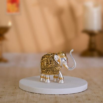 Vastu Elephant Trunk Up with Laxmi Ganesh Idol Pair | 24K Gold & Silver Matt-Plated
