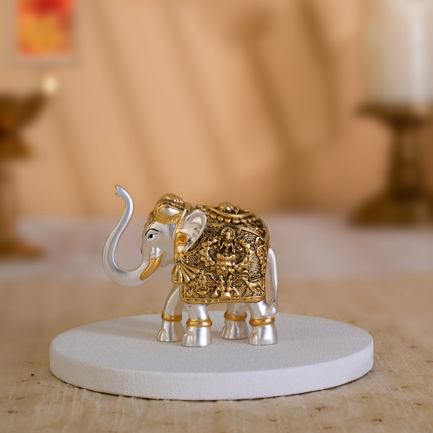 Vastu Elephant Trunk Up with Laxmi Ganesh Idol Pair | 24K Gold & Silver Matt-Plated