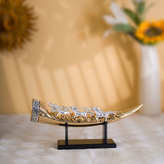 Eight Running Horses Carved in Tusk | Feng Shui Table Decor Accent| 24K Gold & Pure Silver Plated