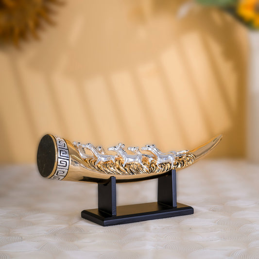 Eight Running Horses Carved in Tusk | Feng Shui Table Decor Accent| 24K Gold & Pure Silver Plated