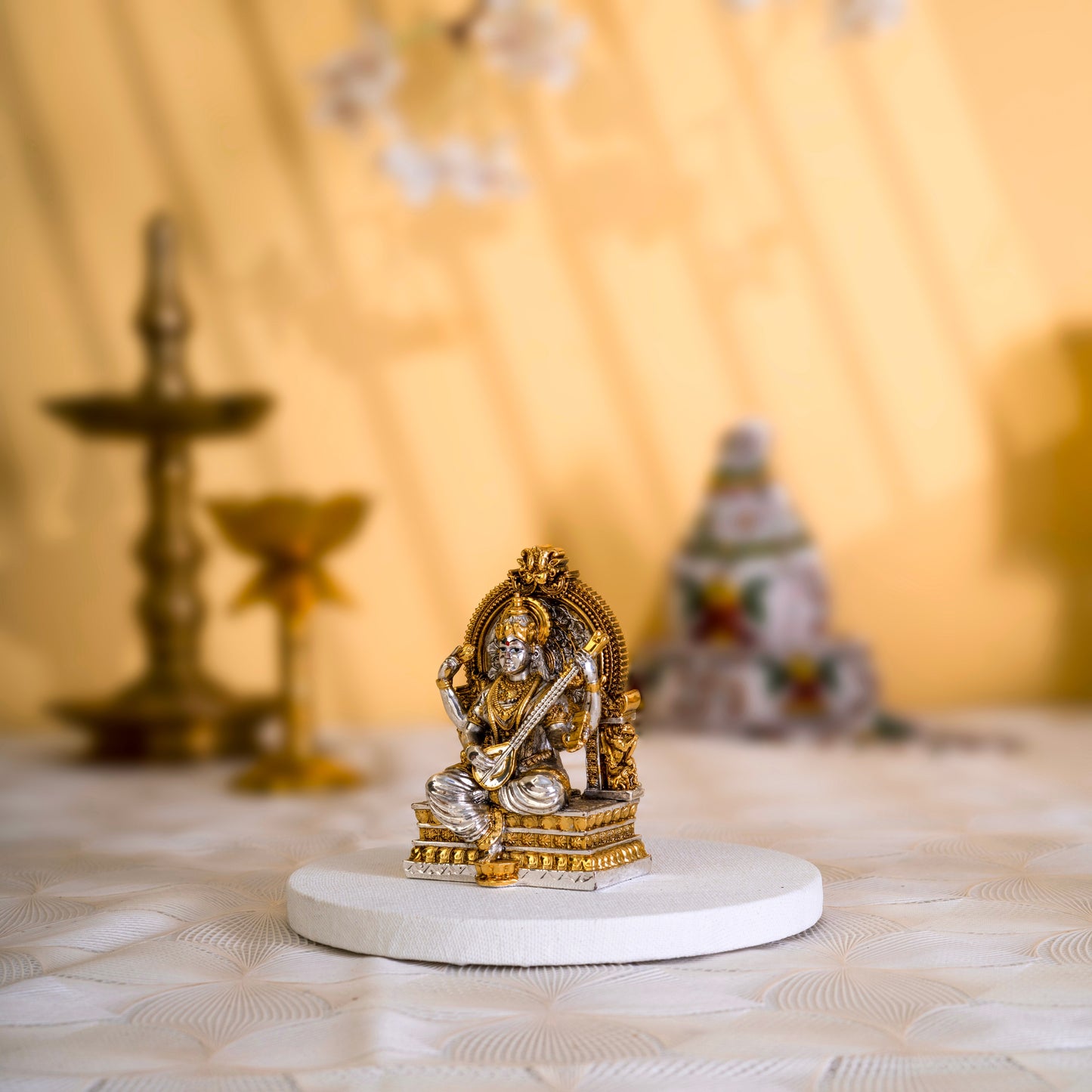 Saraswati Idol | Gold & Silver-Plated Goddess of Knowledge | 3.75 Inches