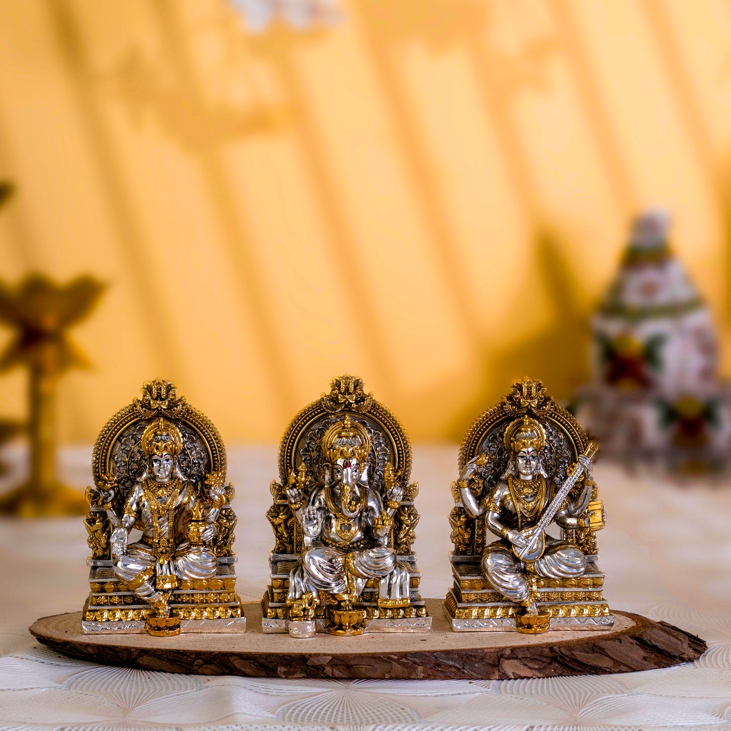 Laxmi Ganpati Saraswati Murti Set | Gold & Silver-Plated Idols of Prosperity, Wisdom & Knowledge | 3.75 Inches