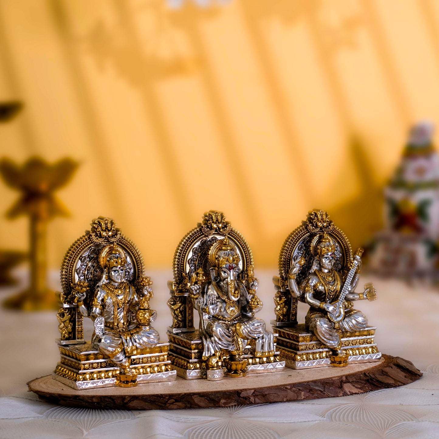 Laxmi Ganpati Saraswati Murti Set | Gold & Silver-Plated Idols of Prosperity, Wisdom & Knowledge | 3.75 Inches