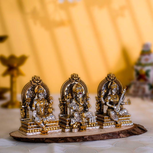 Laxmi Ganpati Saraswati Murti Set | Gold & Silver-Plated Idols of Prosperity, Wisdom & Knowledge | 3.75 Inches