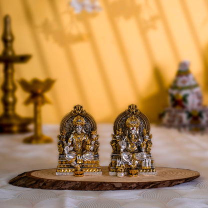 Laxmi Ganpati Murti Set | Gold & Silver-Plated Idols of Fortune & Wisdom | 3.75 Inches