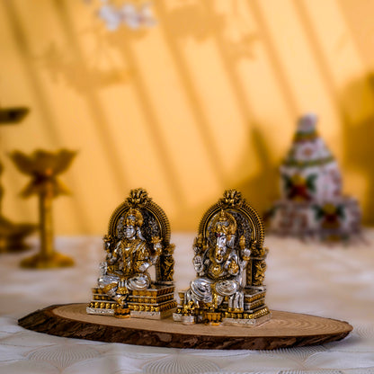 Laxmi Ganpati Murti Set | Gold & Silver-Plated Idols of Fortune & Wisdom | 3.75 Inches