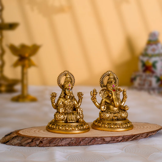 Divine Ganesh & Laxmi Idol Pair in 24K Gold Finish – Wealth & Wisdom Blessings | 3.5 inches