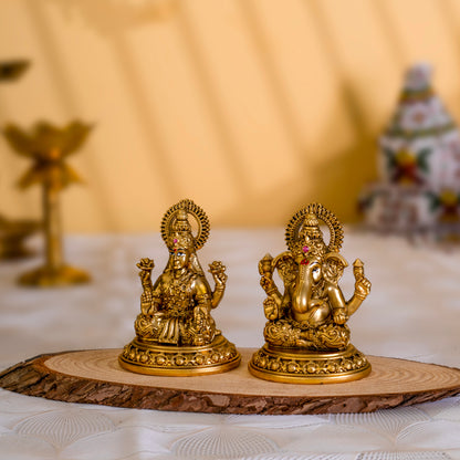 Divine Ganesh & Laxmi Idol Pair in 24K Gold Finish – Wealth & Wisdom Blessings | 3.5 inches
