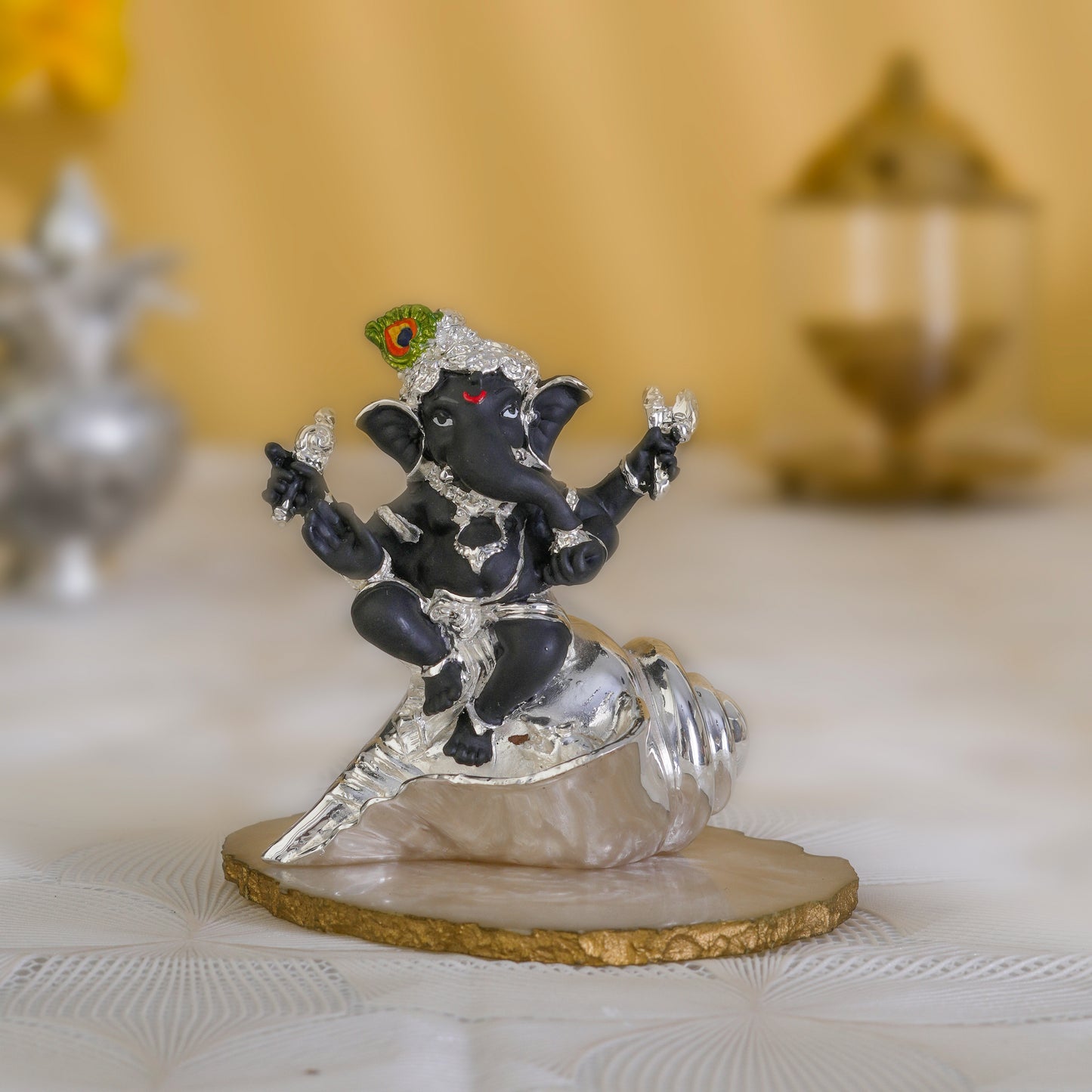 Divine Black Ganesh on Silver Conch – Pure Silver Plated |3.5 inch