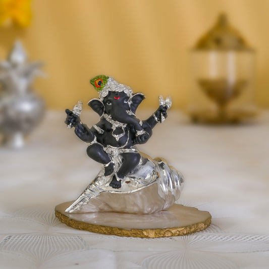 Divine Black Ganesh on Silver Conch – Pure Silver Plated |3.5 inch