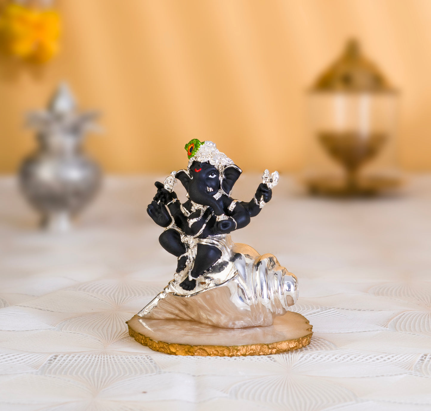 Divine Black Ganesh on Silver Conch – Pure Silver Plated |3.5 inch