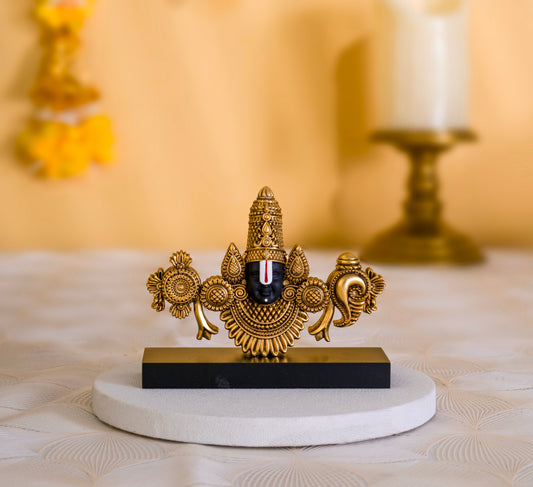 Tirupati Balaji Face Idol | 24k Gold Plated with Wooden Base | 4.5 inch