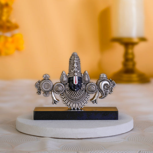 Tirupati Balaji Face Idol | Pure Silver Plated with Wooden Base | 4.5 inch