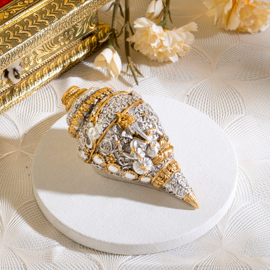 Divine Ganesh Shankh (Conch) 999 Silver Plated & 24k Gold Plated | Best for Pooja, Gifting & Decor Showpiece