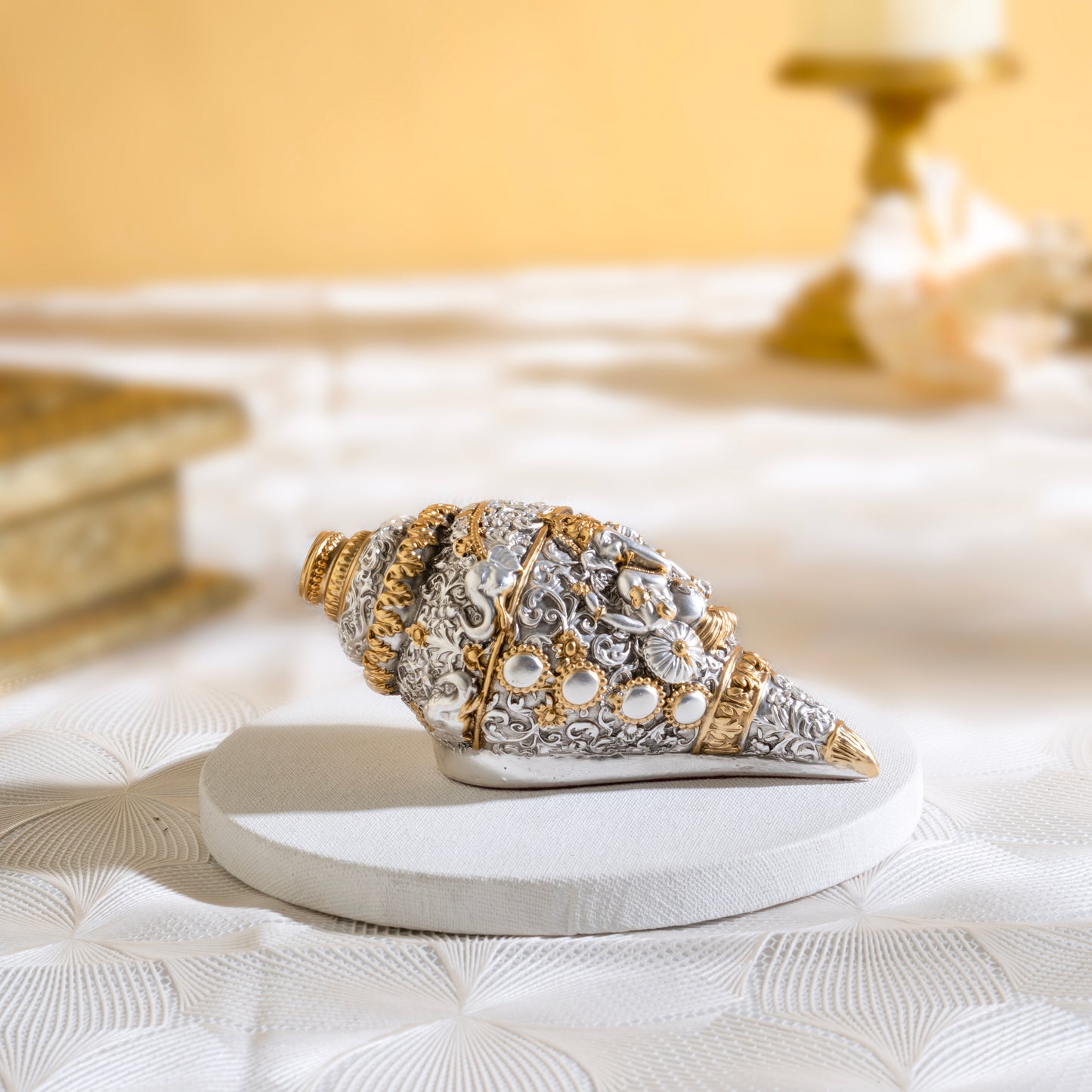 Divine Ganesh Shankh (Conch) 999 Silver Plated & 24k Gold Plated | Best for Pooja, Gifting & Decor Showpiece