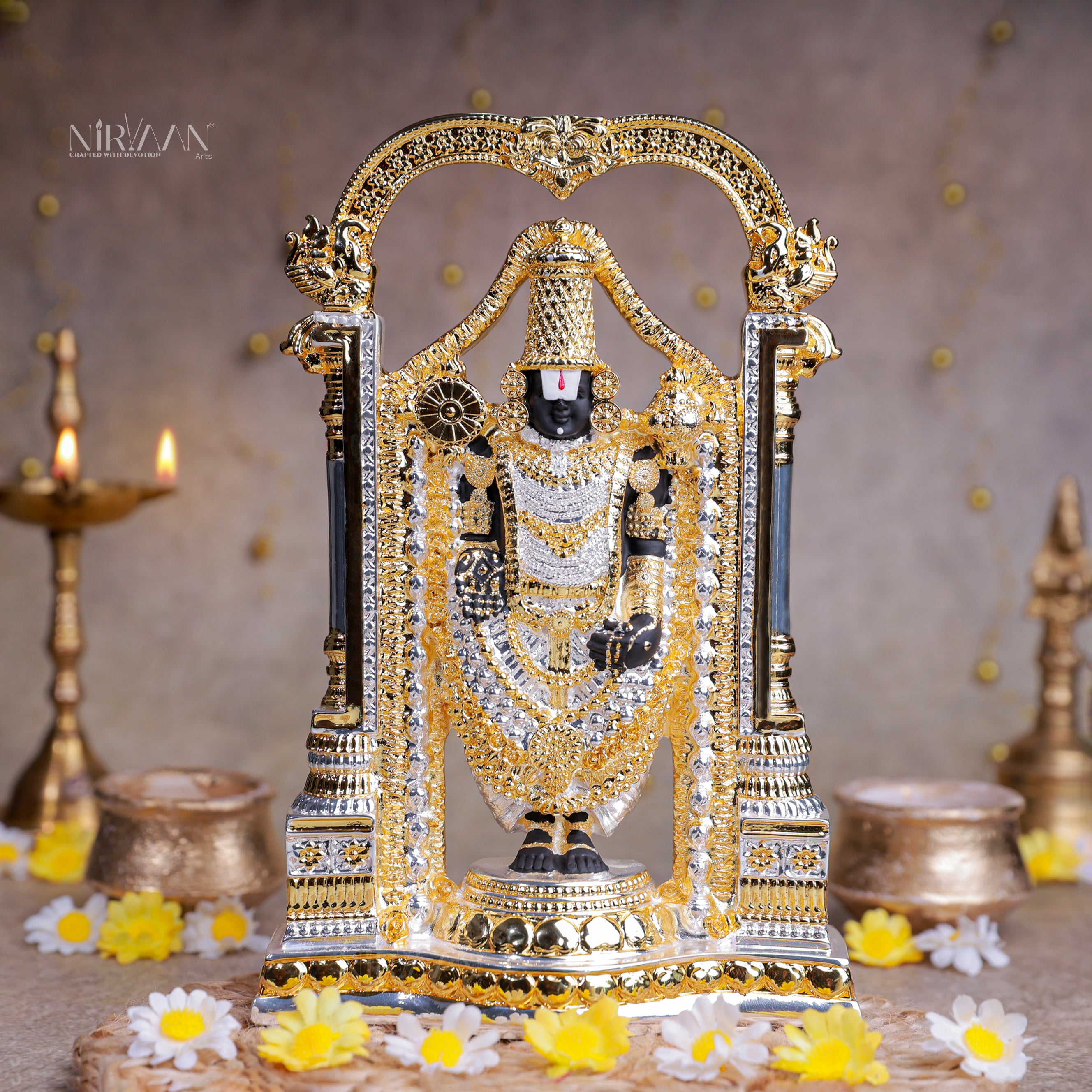 Tirupati Balaji with Arch | Gold & Silver-Plated Sacred Idol | 8.5 Inches