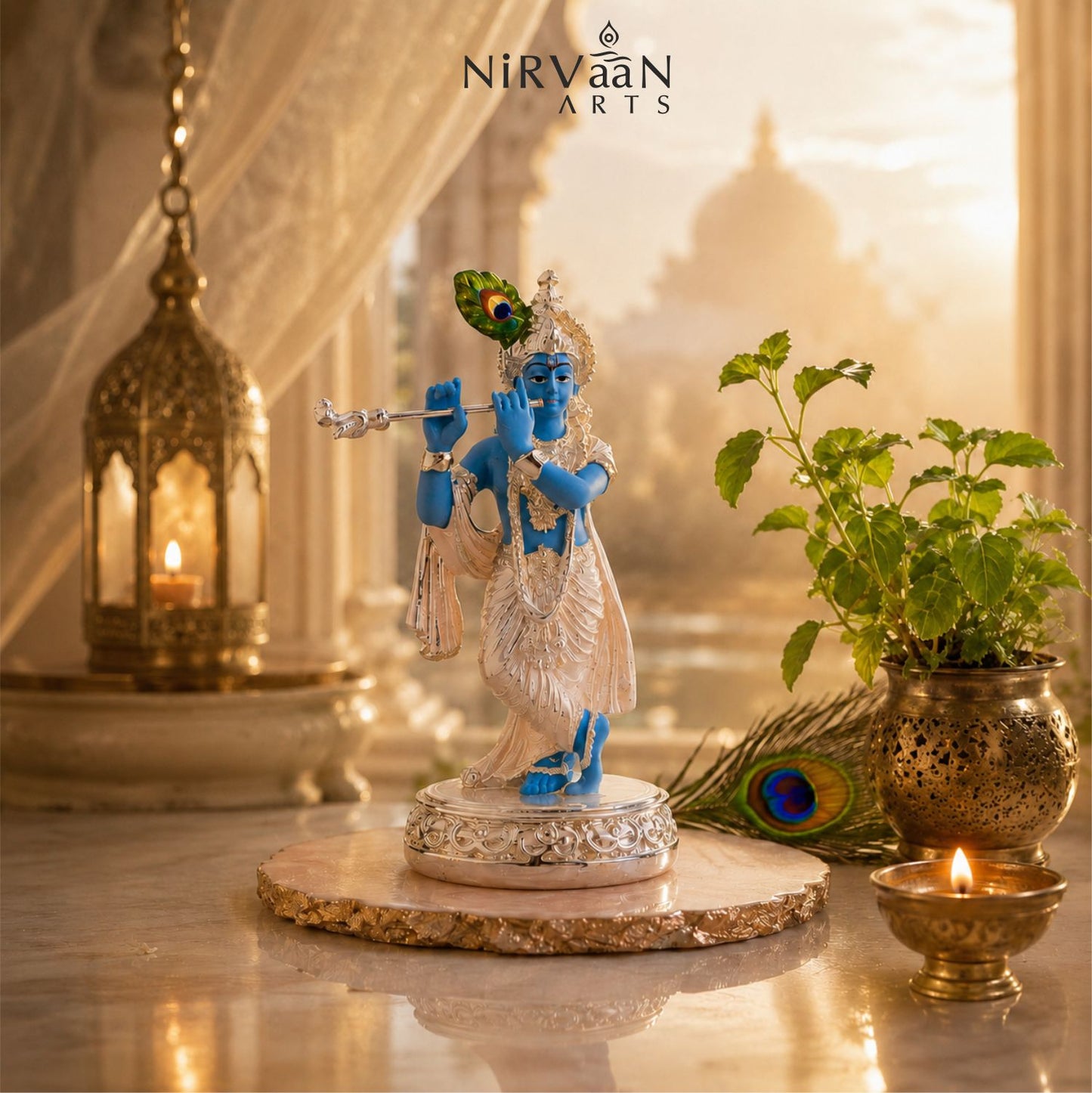 Pure Silver Plated Krishna Murti Playing Basuri
