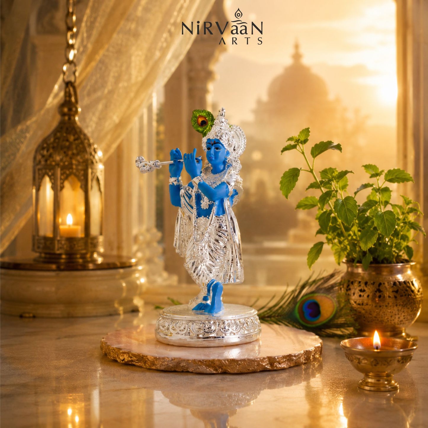 Pure Silver Plated Krishna Murti Playing Basuri