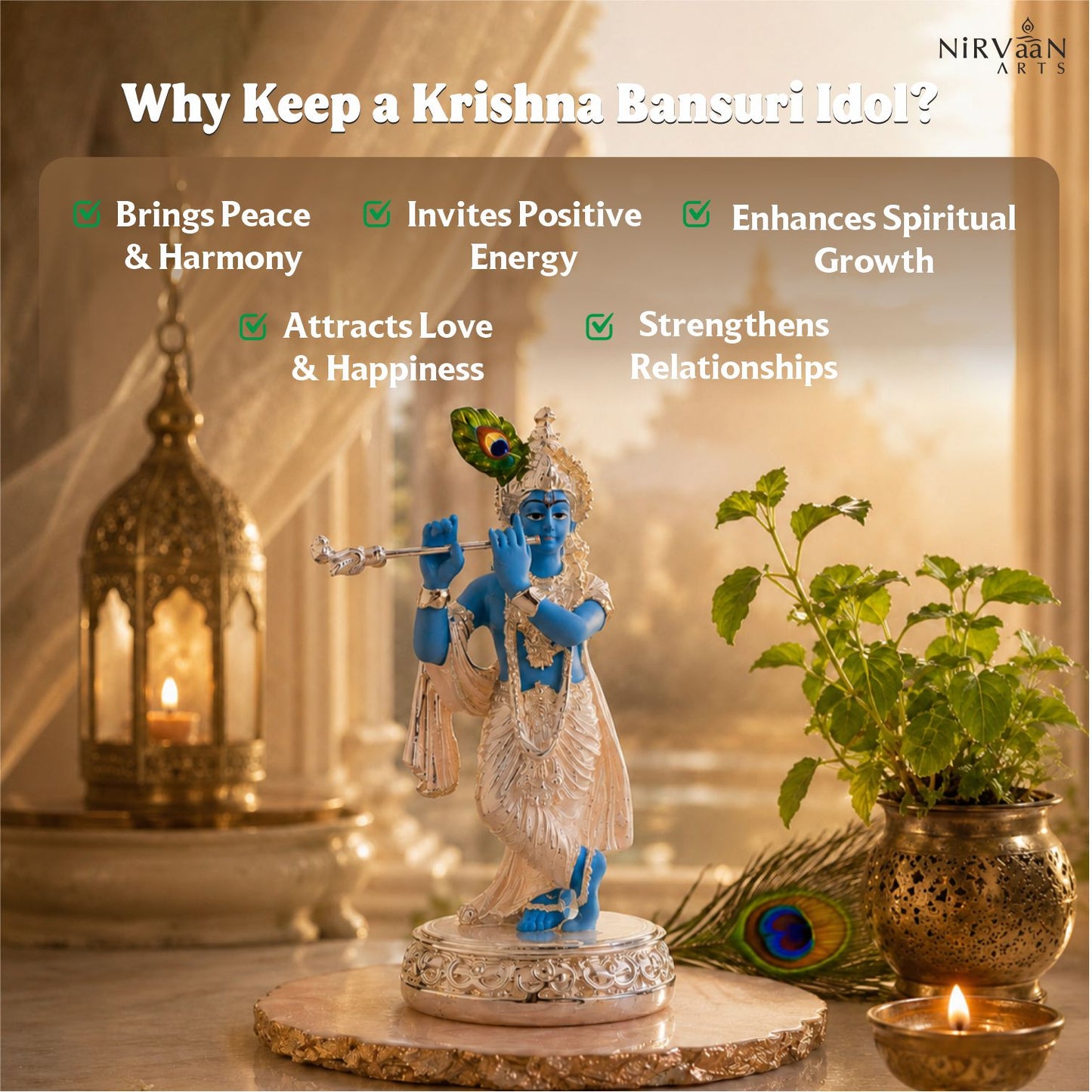 Pure Silver Plated Krishna Murti Playing Basuri