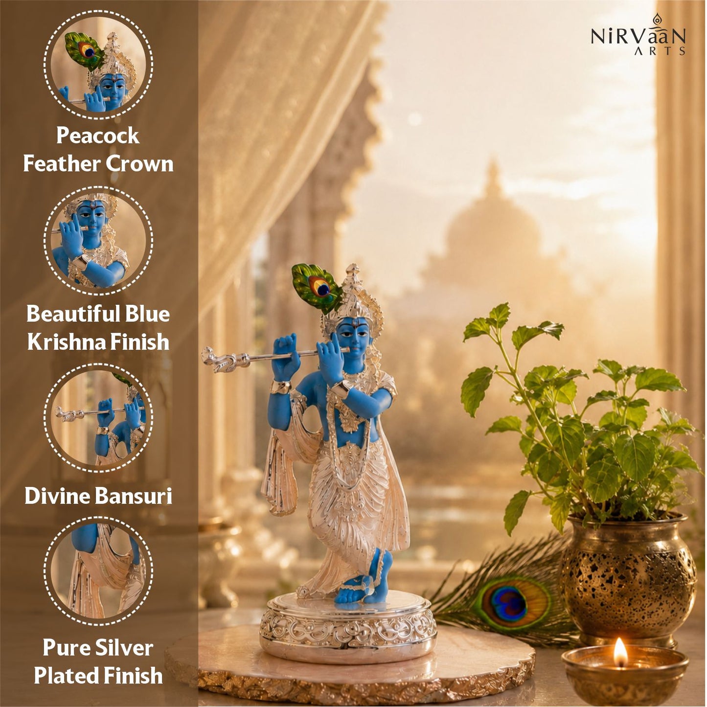 Pure Silver Plated Krishna Murti Playing Basuri