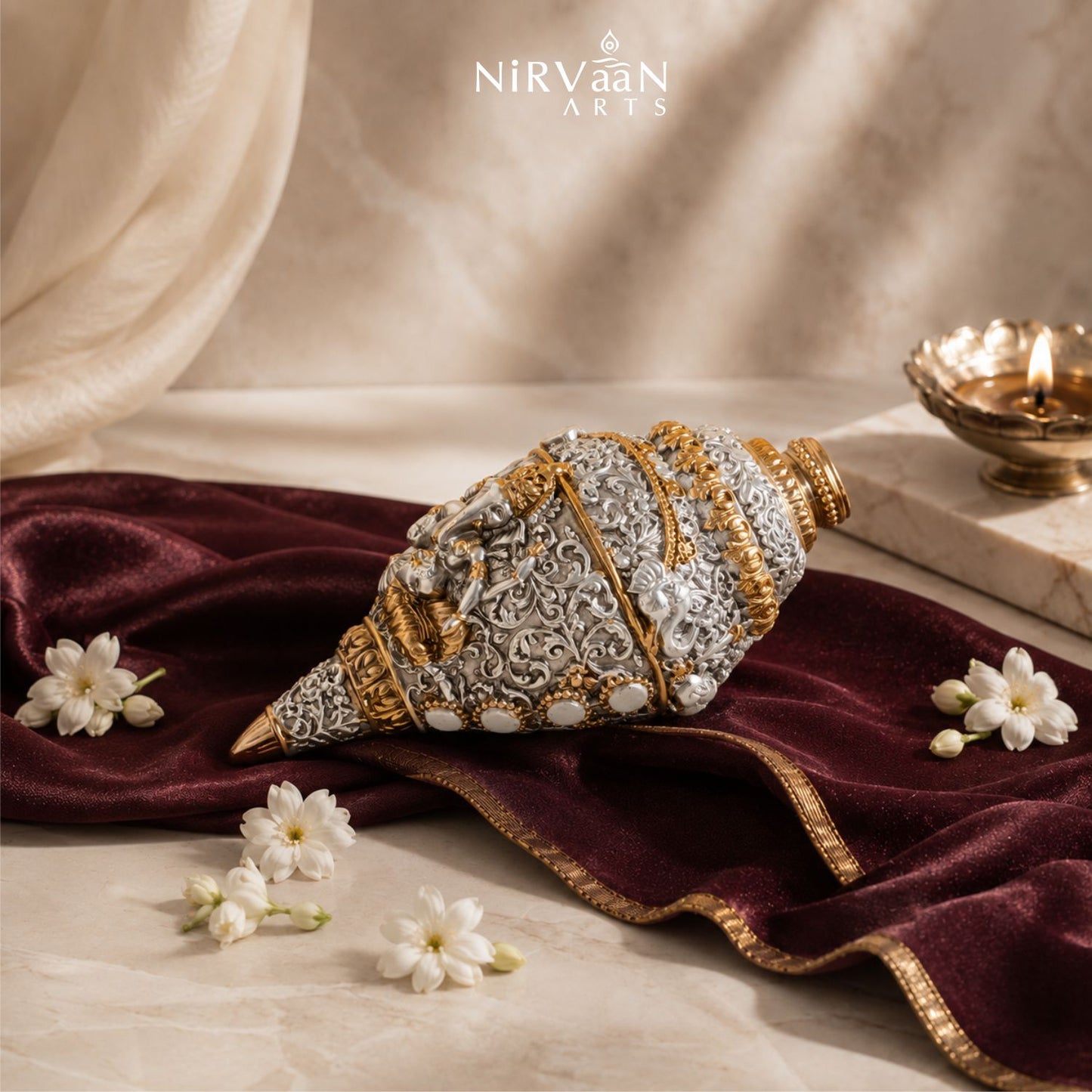 Divine Ganesh Shankh (Conch) 999 Silver Plated & 24k Gold Plated