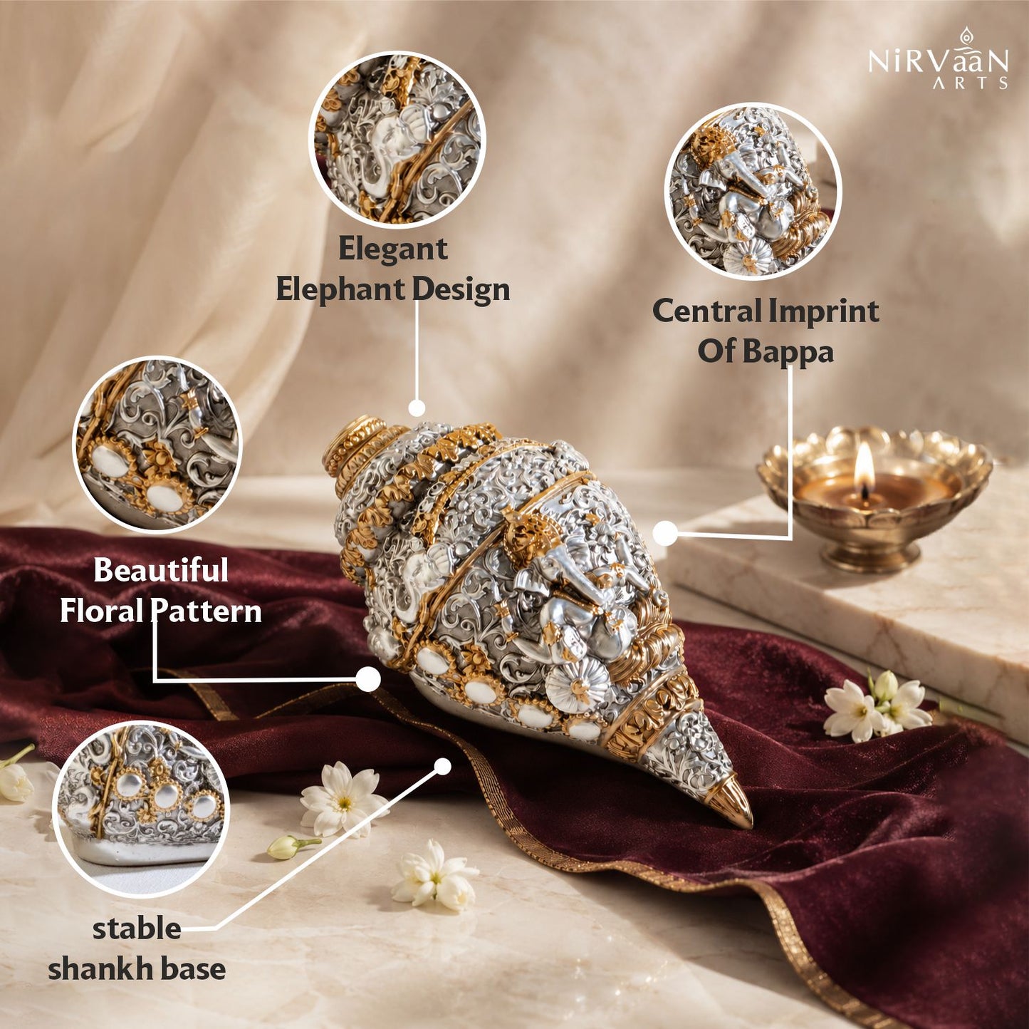 Divine Ganesh Shankh (Conch) 999 Silver Plated & 24k Gold Plated